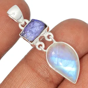 Warna-warni Moonstone 925 perak murni batu permata Tanzanite kristal kalung untuk batu permata alami Set perhiasan Ruby liontin