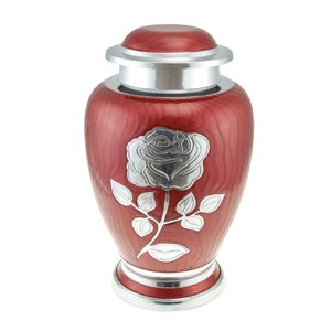 Urna de cremación hecha a mano con acabado de grano de madera roja al por mayor diseño de flor rosa de metal personalizado a prueba de fugas sostenible de 8 pulgadas - Product Image 1