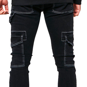 กางเกงยีนส์ขาสั้นสำหรับผู้ชายกางเกงคาร์โก้สีดำแบบหลายกระเป๋าตะเข็บตัดตามสั่ง - Product Image 4