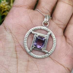 Handmade 925 Sterling Silver Amethyst Pendant Necklace Simple Design Plain Jewelry with <b>Charm</b> Pendants - Product Image 1