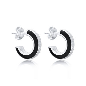 14 mm Black Enamel Zircon Stone Round Design Stud <b>Hoop</b> <b>Earrings</b> Handcrafted Wholesale 925 <b>Sterling</b> <b>Silver</b> Jewelry - Product Image 3