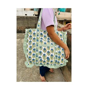 Bolso grande de algodón acolchado con volantes, ecológico, sostenible, resistente, para compras de comestibles, hecho a mano, bloque Vintage impreso Boho - Product Image 1