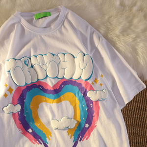 เสื้อยืดคอกลมธรรมดาคอกลมผ้าคอตตอน100% สำหรับผู้ชายเสื้อโอเวอร์ไซส์พิมพ์โลโก้3D สีรุ้งแบบออกแบบได้ตามต้องการ - Product Image 1