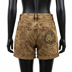 Shorts de mezclilla para hombre y mujer, color marrón, con lavado ácido, estilo urbano, de algodón grueso, con dobladillo enrollado, logotipo estampado vintage, lavado ácido. - Product Image 2