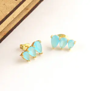 Hot wholesale jewelry aqua quartz gold plated climber earring prong setting faceted handmade stud earring