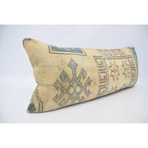 Geometric Kilim Patterned Wool Pillow 16x36 Inch <b>Beige</b> Vintage Fluffy Decorative Accent <b>Cushion</b> for Floor Use - Product Image 3