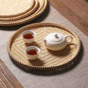 Bandeja Redonda de Bambú Estilo Boho, Bandeja de Servicio Vintage Bohemia con Asa, Bandeja para Té Hecha en Vietnam por Fba Amazo - Product Image 1