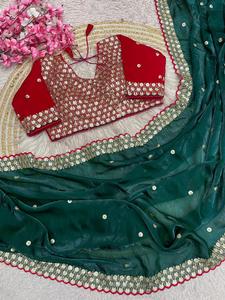 Sari indien de créateur, dernière collection, vêtements ethniques exclusifs, satin de soie Fendy, traditionnel, pour mariage, soirée, vêtements de fête - Product Image 3