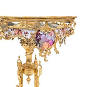 Table d'appoint ronde de luxe avec plateau en marbre blanc et incrustations en porcelaine peintes à la main, base en laiton doré ornée pour la décoration de palais - Product Image 5