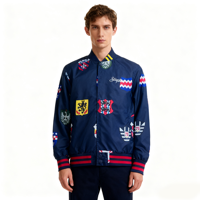 Veste de baseball à badges intégrés, bleu marine, style rétro urbain, col côtelé bicolore, veste à boutons