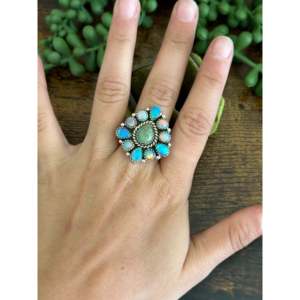 Southwest Handmade Turquoise Cluster Ring Sterling Silver Adjustable Bezel <b>Set</b> - Product Image 2