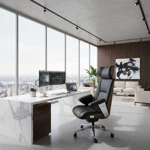 Chaise de bureau de direction de luxe, design ergonomique contemporain à dossier haut, avec accents en bois, dossier chromé, en cuir PU et mousse, chaise relevable - Product Image 1