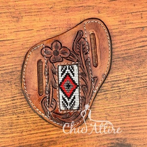 Nouveau Western Floral usiné à la main en cuir perlé porte-couteau gaine plate Western en cuir véritable couteau pliant couverture étui de transport - Product Image 1
