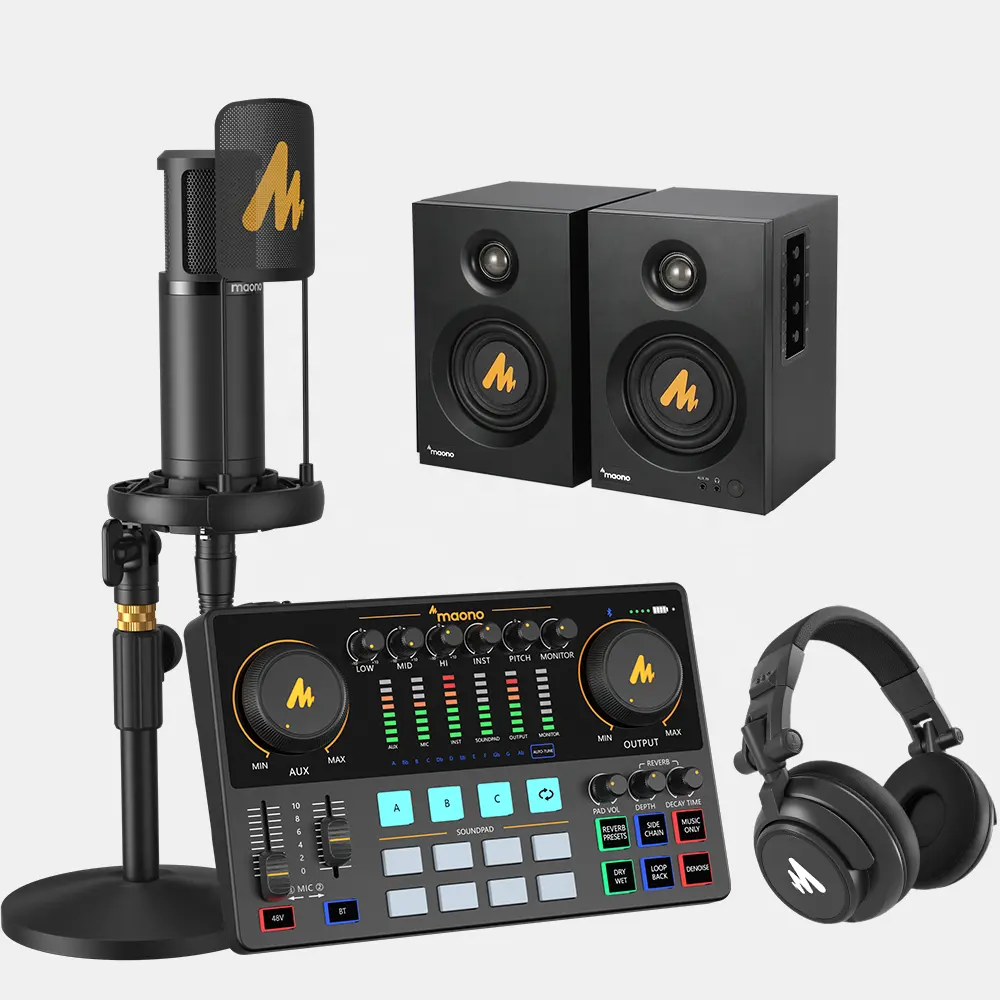 Maono studio interface de áudio, placa de som dj mixer xlr microfone condensador podcast equipamento pacotes de cartões de som de estúdio