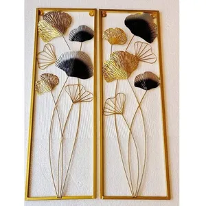 Premium Quality Latest Style Set Of 2 Metal Iron Rectangle Frame Under Wire Golden Leaf Wall Art Black For Living Room Decor