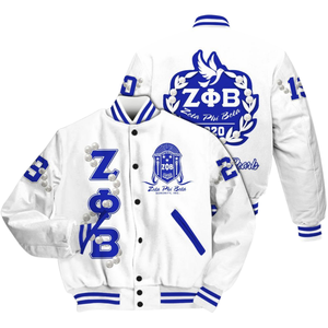 Zeta Phi Beta 1920 ZPB Letterman Jacket Greek Life Varsity Azul Blanco Hermandad Chenille Patch Founders Style Wear - Product Image 3