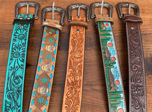 New Handmade Stylish Turquoise Hand <b>Tooled</b> <b>Leather</b> Western Belts Personalized Genuine <b>Leather</b> Floral Design Unisex Waist Belts - Product Image 3