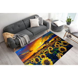 Alfombra con paisaje natural al atardecer, alfombra impresa, alfombra con pintura de campo de girasoles, alfombra suave no tejida - Product Image 2