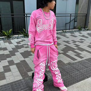 Traje de chándal apilado personalizado, jersey en blanco, Sudadera con capucha de ajuste cuadrado de gran tamaño, pantalones de chándal acampanados holgados y Conjunto de sudadera con capucha, chándales para hombre - Product Image 5