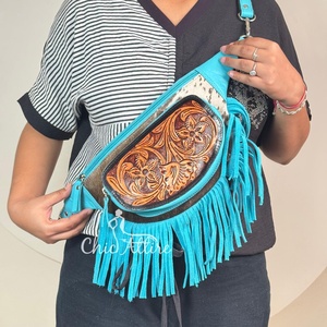 High Quality Multipurpose Genuine Hand Tooled Cowhide Leather Fringe Fanny pack Chest <b>Bag</b> Hip <b>Bags</b> Waist Pocket Belt for Unisex - Product Image 1