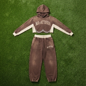 Conjunto de sudadera con capucha para mujer, pantalones deportivos de pierna ancha, chándal marrón, chándal de algodón con efecto lavado ácido, sudadera con capucha corta, conjunto de ropa urbana oversize - Product Image 6