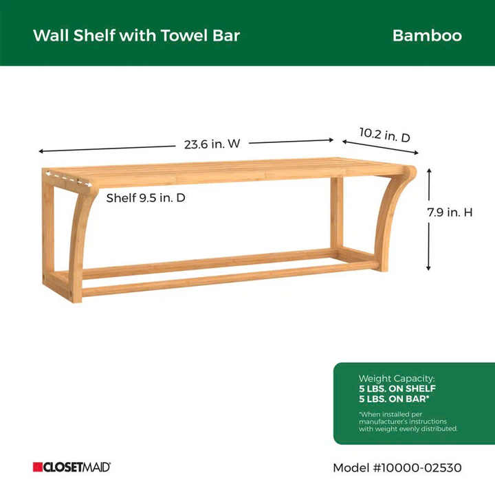 Natural Bamboo Wall Mount Bathroom Shelf with Towel Bars Bamboo Storage Towel Shelf for Bath & Household Items for Bathroom Home