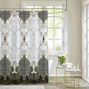 Nouvel ensemble de rideaux de douche modernes en tissu tissé imperméable à motif floral |   Comprend un rideau de douche et des tapis 100% occultants écologiques toutes saisons - Product Image 4