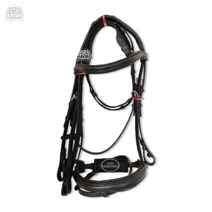 Bridon d'équitation en cuir véritable pour courses de chevaux avec rênes, couleur noir-brun, vente en gros - Product Image 1