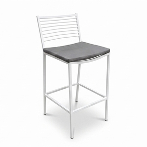Tabouret de bar moderne en métal durable avec siège en similicuir gris, accoudoirs fixes, design minimaliste pour usage commercial extérieur - Product Image 3