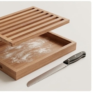 Tabla de cortar pan de madera hecha a mano, rectangular, multifuncional, con bandeja para migas extraíble, mango de madera, empaque individual. - Product Image 4