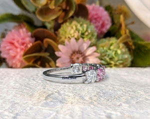 Solid 14K White Gold Pink White Moissanite Seven Stone Minimalist Cushion Wedding Band Stackable Anniversary Promise Gift Ring - Product Image 4