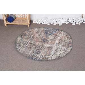 Vintage Handmade Wool <b>Rug</b> Beige and Blue Patchwork 3.3 X 3.3 ft Rectangular Abstract Pattern for Teen <b>Bedrooms</b> Latex Backed - Product Image 1