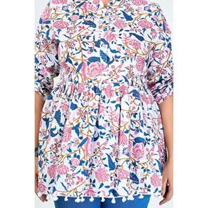 Blusa Peplum de Algodón con Estampado Floral Blanco para Mujer, Mangas 3/4, Estilo Casual Étnico Fusion, Tallas XS-XL, Estilo Coreano Formal, Tejido Popelín - Product Image 2