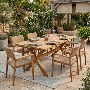 Outdoor Solid Teak Wood <b>Dining</b> Set X Base Rectangular Slatted Table Woven Rope <b>Armchairs</b> Patio Garden Setup Art Design Decor - Product Image 5