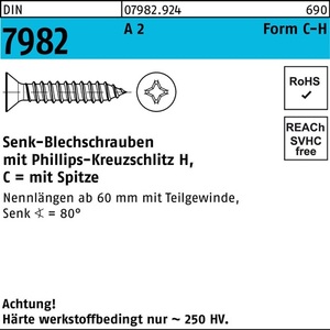 สกรูหัวจมโลหะ DIN 7982 PH/Tip C 3.9 X 16-H A2 100 ชิ้น - Product Image 1