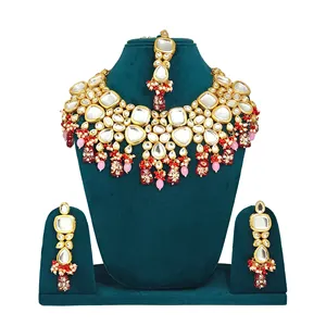 Ensemble de bijoux de mariée plaqué or 24 carats rouge et rose pour femmes et filles, avec zircon et pour mariage - Product Image 1