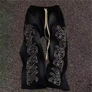 Vêtements de rue Logo brodé personnalisé Woo Heavyweight 100% coton Rhinestone Pantalon de survêtement baggy à jambes larges - Product Image 1