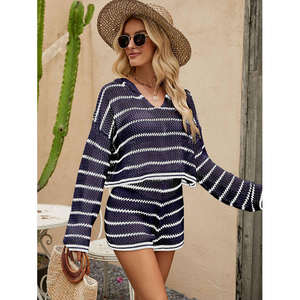 Primavera 2025 nueva moda Casual conjunto suelto a rayas con capucha suéter de punto conjunto de dos piezas para mujer - Product Image 4