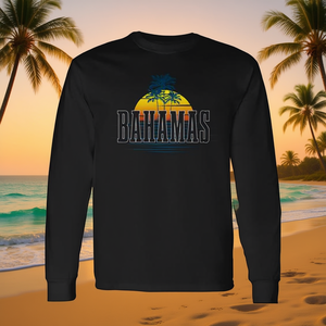 T-shirt vintage pour homme, thème coucher de soleil sur la plage, souvenir des Bahamas, manches longues, option grandes tailles, article promotionnel - Product Image 2