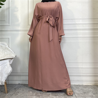 Robe longue en crêpe pour femme, manches trois-quarts, col rond, avec ceinture, couleur unie, Abaya de soirée