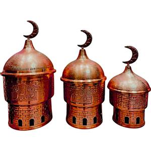 Ensemble de trois chauffe-plats plaqués cuivre avec photophore dans un pot en acier avec couvercle dessus de table fêtes de mariage utilisation de service alimentaire - Product Image 1