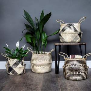 Jardinera redonda de hierro y caña para decoración de jardín y jardinera de mimbre y algas marinas de color natural - Product Image 6