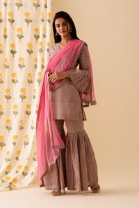 Mint Pink BlockPrint Sharara Set Indian Fashion Styling Quality <b>Kurti</b> and Pants From Indian Manufacturer - Product Image 6