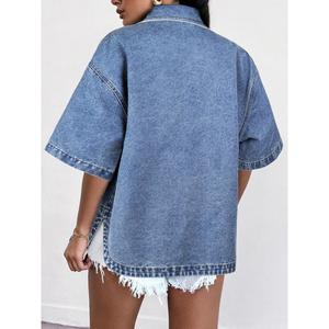 Paola Riboni Women <b>Denim</b> Shirt Oversize Short Sleeve Button Up Light Wash Vintage Style Summer Casual <b>Coat</b> - Product Image 3