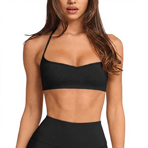 Women's Pink Halter Neckline Seamless Sports Bra Medium Support Yoga Workout Top V-Neck Strap Solid Color - Product Image 3