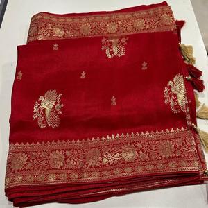 Sari en soie russe pure et douce pour femme avec pallu à tissage Zari de qualité supérieure, pompons et motif Butta, bordure Zari complète, fabriqué en Inde, en stock - Product Image 1