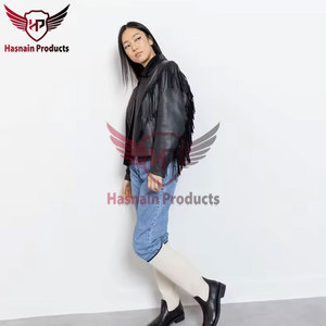Chaqueta de Cuero Genuino Negro para Mujer con Flecos y Borlas, Ribete Trenzado, Abrigo Vaquero de Piel de Oveja, Estilo Vintage Personalizado, Ropa de Invierno - Product Image 4
