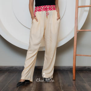 Pantalón recto de algodón para mujer de gran venta con cintura bordada en contraste, pantalones cómodos de verano en Beige, azul y Azul Marino - Product Image 1