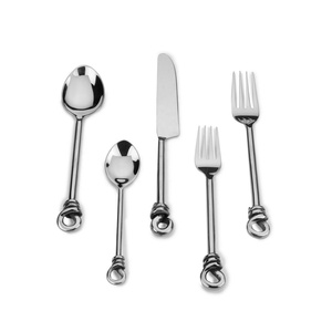 Juego de cubiertos de acero inoxidable Chapado en plata pulida con espejo con extremo anudado Diseño vintage Juego de cubiertos sólidos de 5 piezas - Product Image 1