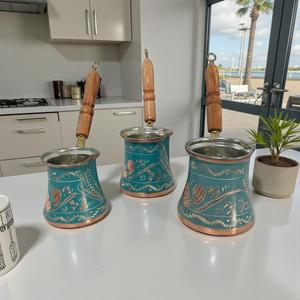 Ensemble de cafetière vintage de luxe 3 pièces en cuivre émaillé, avec poignée portable, pour le thé, en laiton durable, verre, céramique, métal - Product Image 5